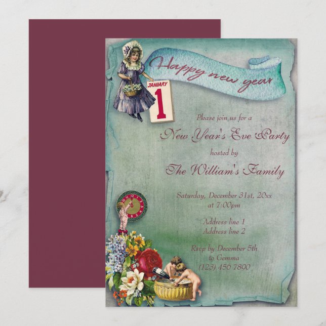 Invitation Nouvel An Floral Vintage (Devant / Derrière)