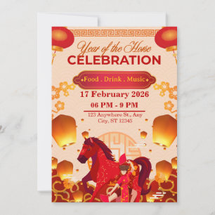Invitation Nouvel An lunaire rouge et or 2026 Année du Cheval