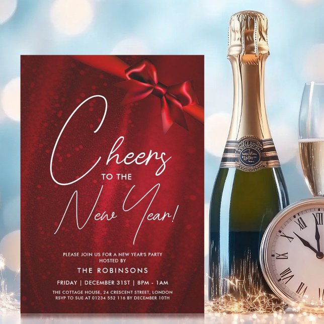 Invitation Nouvel An MODERNE Eve Red Sparkle Sequin Bow (MODERN New Years Eve Red Sparkle Sequin Bow Invitation)