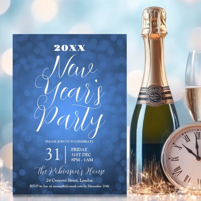 Invitation Nouvel An MODERNE Seve Party Navy Blue Bokeh Lumiè (MODERN New Years Eve Party Navy Blue Bokeh Lights Invitation)