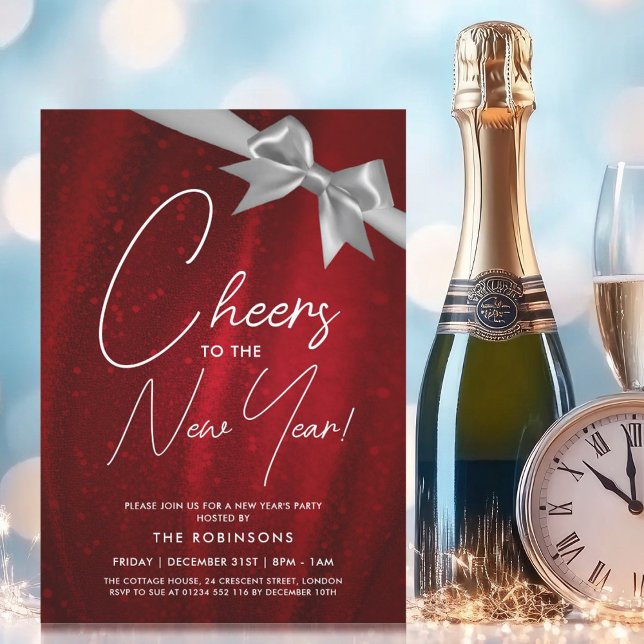 Invitation Nouvel An MODERNE Soir Argent Rouge Sparkle Bow (MODERN New Years Eve Silver Red Sparkle Sequin Bow Invitation)
