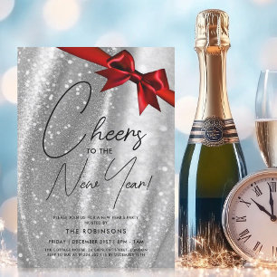 Invitation Nouvel An MODERNE Soir Silver Sequin Red Bow
