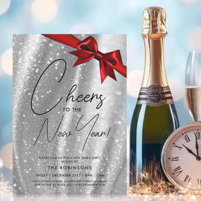 Invitation Nouvel An MODERNE Soir Silver Sequin Red Bow (MODERN New Years Eve Silver Sparkle Sequin Red Bow Invitation)