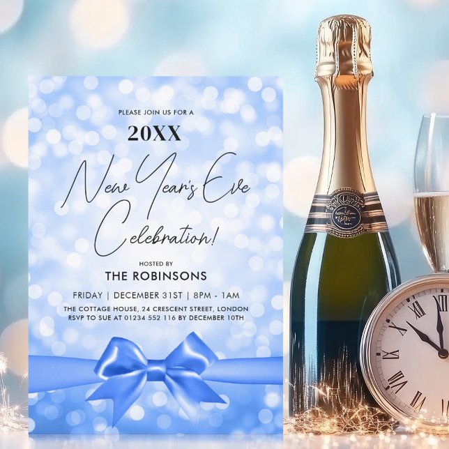 Invitation Nouvel An MODERNE Soirée Party Blue Bokeh Bow (MODERN New Years Eve Party Blue Bokeh Bow Invitation)