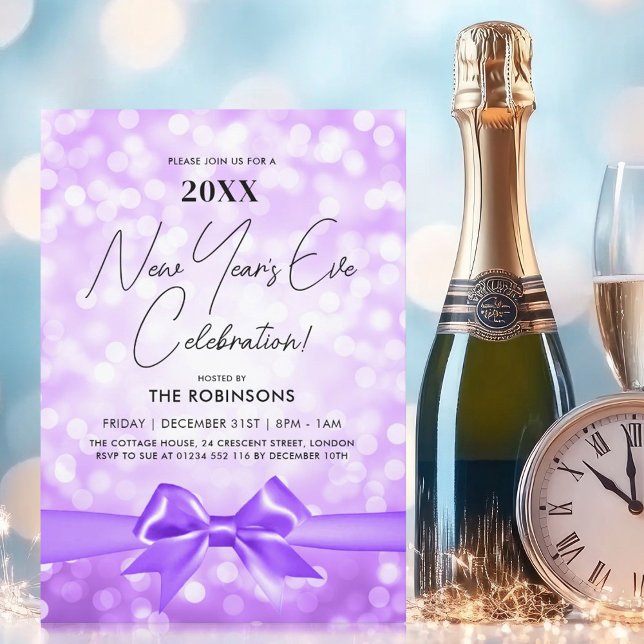 Invitation Nouvel An MODERNE Soirée Party Purple Bokeh Bow (MODERN New Years Eve Party Purple Bokeh Bow Invitation)
