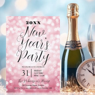 Invitation Nouvel An MODERNE Sove Party Blush rose Bokeh lumi
