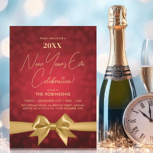 Invitation Nouvel An MODERNE Sove Party Red Bokeh Gold Bow