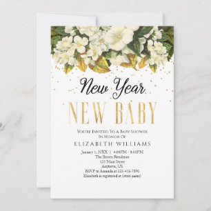 Invitation Nouvel An Nouvel Enfant Or Blanc Baby shower Flora