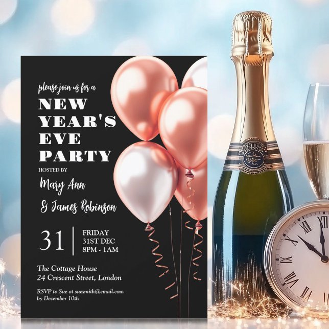 Invitation Nouvel An Rose Eve Ballons d'or noir (MODERN New Years Eve Rose Gold Balloons Black Invitation)