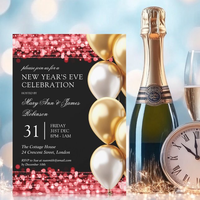 Invitation Nouvel An Rouge Chatoyant Lumières Or Ballons (New Years Eve Red Shimmering Lights Gold Balloons Invitation)
