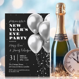 Invitation Nouvel An Silver Confetti Balloons Noir