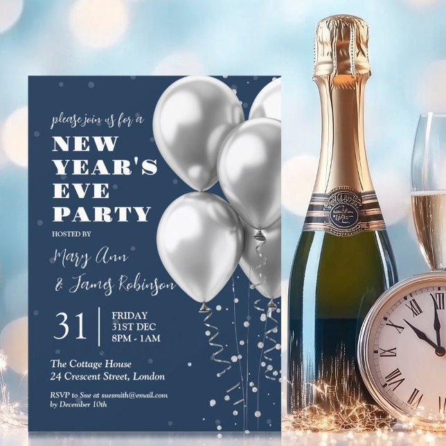 Invitation Nouvel An Silver Confetti Ballotte Marine Bleu (New Years Eve Silver Confetti Balloons Navy Blue Invitation)