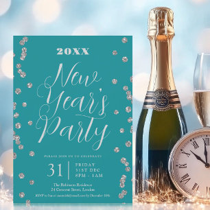 Invitation Nouvel An Silver Parties scintillant Confetti Turq