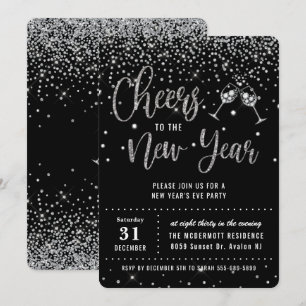 Invitation Nouvel An Soirée Noir Parties scintillant Argent C