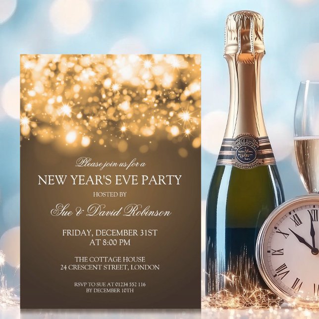 Invitation Nouvel An Sove Fête Éclairage Or (New Years Eve Party Sparkling Lights Gold Invitation)