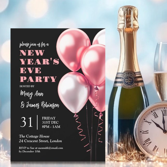 Invitation Nouvel An Sove Party Blush Ballots rose Noir (New Years Eve Party Blush Pink Balloons Black Invitation)