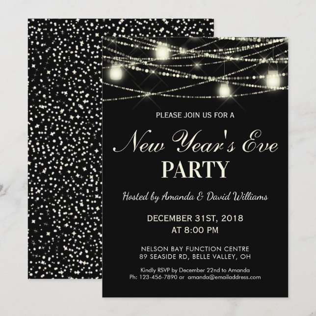Invitation Nouvel An Sove Party Chaînes Lights Jars Noir (Devant / Derrière)