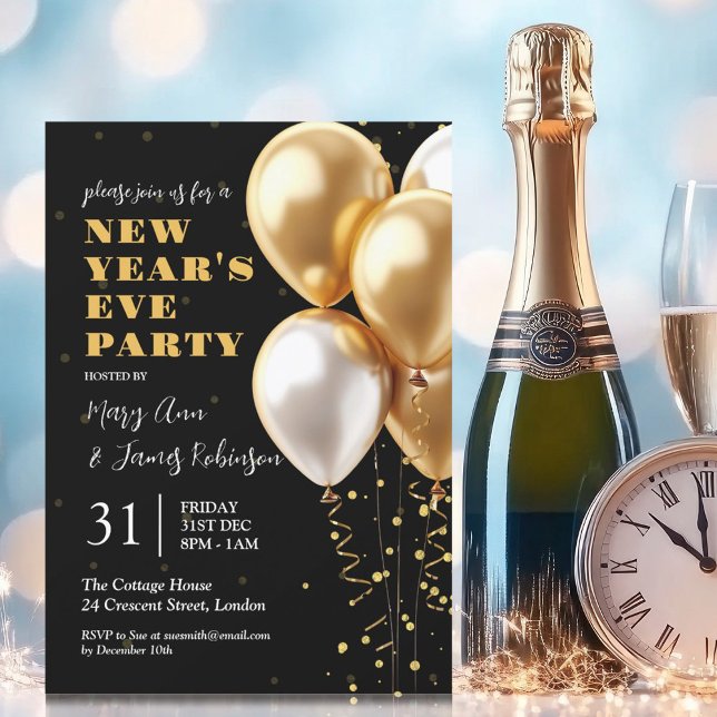 Invitation Nouvel An Sove Party Gold Ballots Confetti Noir (New Years Eve Party Gold Confetti Balloons Black Invitation)