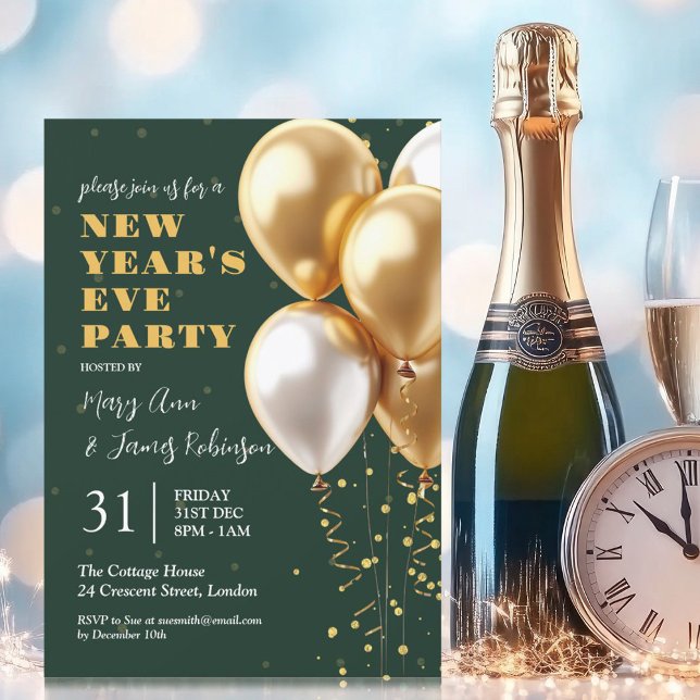 Invitation Nouvel An Sove Party Gold Ballots Confetti Vert (New Years Eve Party Gold Confetti Balloons Green Invitation)