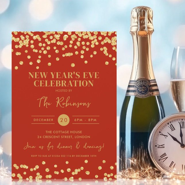 Invitation Nouvel An Sove Party Gold Parties scintillant Conf (New Years Eve Party Gold Glitter Confetti Red Invitation)