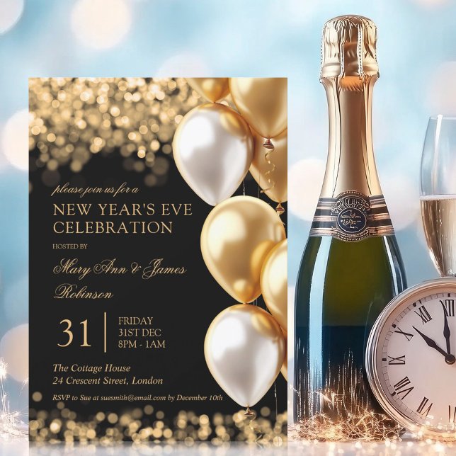 Invitation Nouvel An Sove Party Gold Shimmer éclaire les ball (New Years Eve Party Gold Shimmer Lights Balloons Invitation)