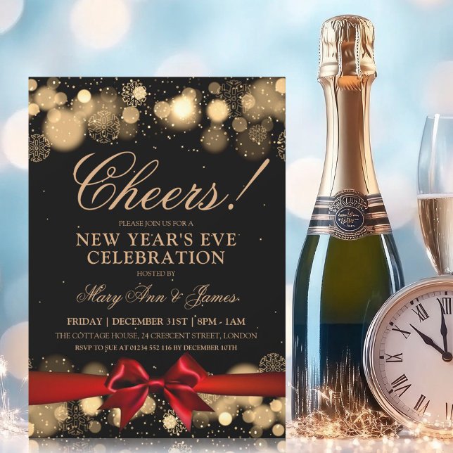 Invitation Nouvel An Sove Party Gold Winter Wonder Red Bow (New Years Eve Party Gold Winter Wonder Red Bow Invitation)