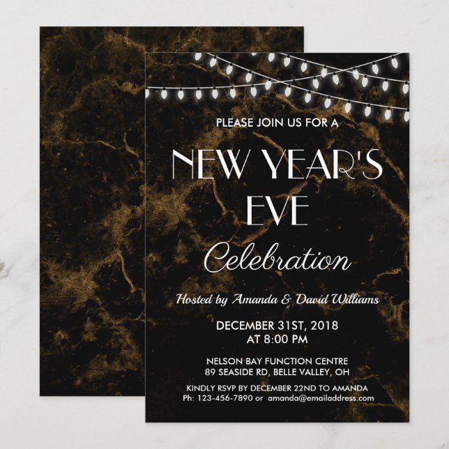 Invitation Nouvel An Sove Party Lumières Or Marque Noir (Devant / Derrière)