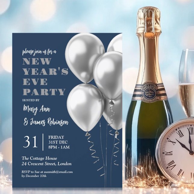 Invitation Nouvel An Sove Party Silver Ballons Marine Bleu (New Years Eve Party Silver Balloons Navy Blue Invitation)