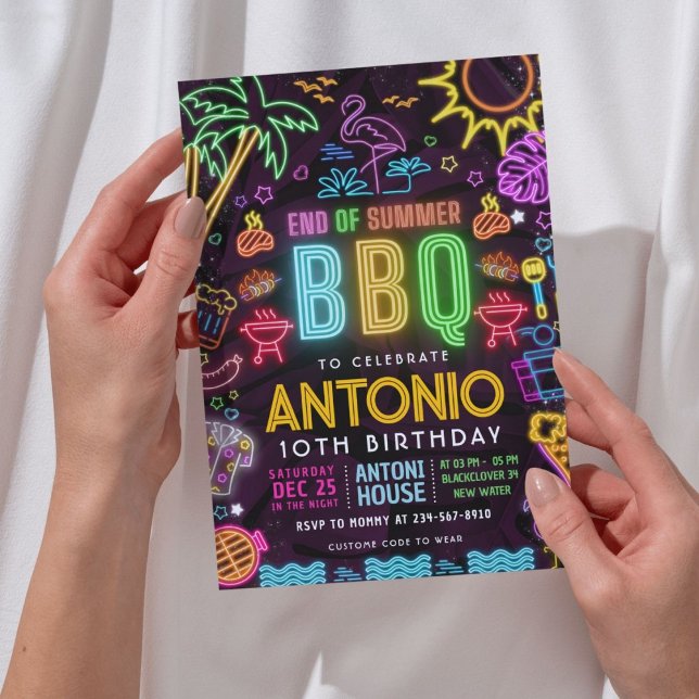 Invitation Nouvel anniversaire de la fête du BBQ de Neon - Fi (BBQ birthday invitation, neon summer party)