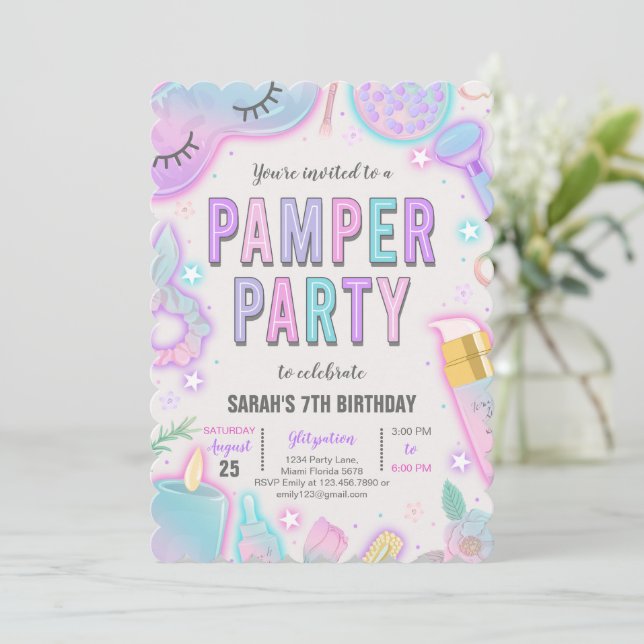 Invitation Nouvel anniversaire de la fête Spa de Neon Pamper (Debout devant)