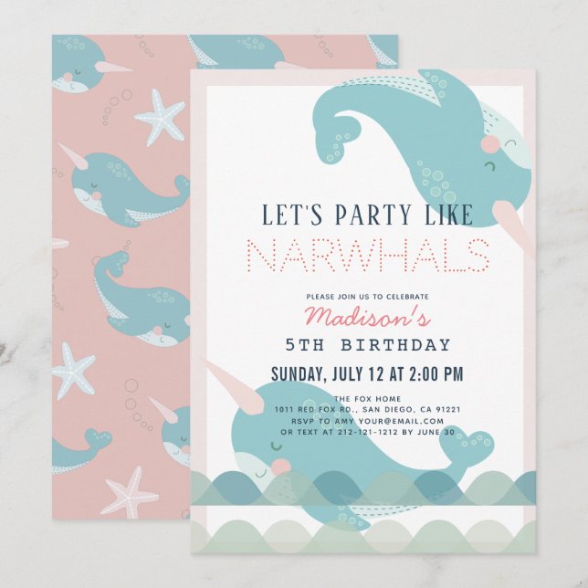 Invitation Nouvel anniversaire de la fille rose marine des va (Devant / Derrière)