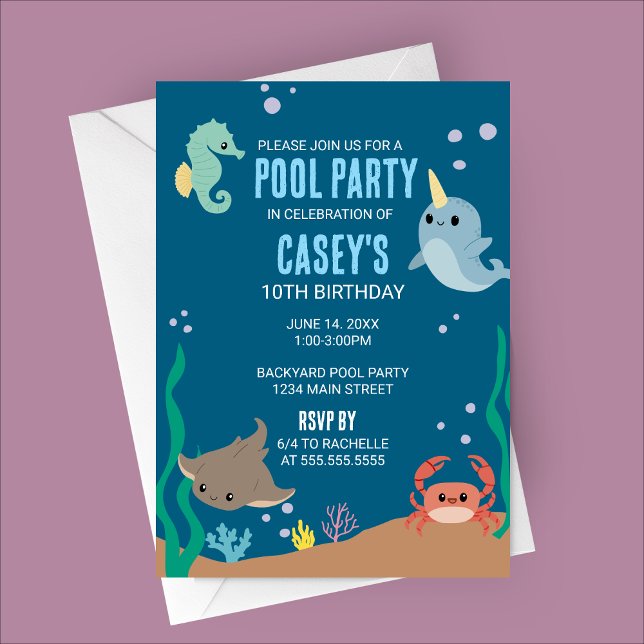 Invitation Nouvel anniversaire de la piscine d'animaux marins (Under Water Ocean Themed Birthday Party Invitation)