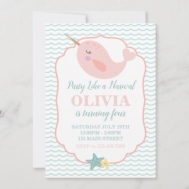 Invitation Nouvel anniversaire de Narwal Pastel Pink (Devant)