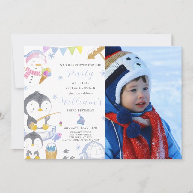 Invitation Nouvel Anniversaire De Pingouin Avec Photo (Devant)