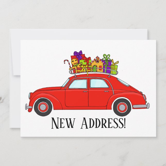 Invitation Nouvelle adresse Voiture rouge avec cadeaux de Noë (Devant)