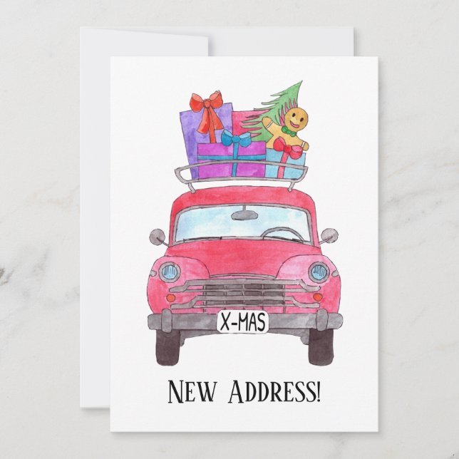 Invitation Nouvelle adresse Voiture rouge Cadeaux de Noël Aqu (Devant)