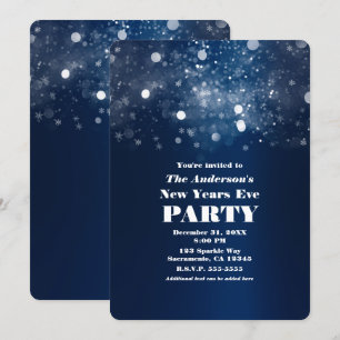 Invitation Nouvelle Année Bleu Foncé Argent Étincelant