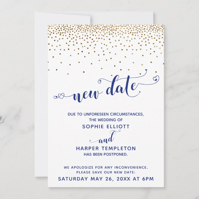 Invitation Nouvelle date de la Marine Confetti Mariage report (Devant)