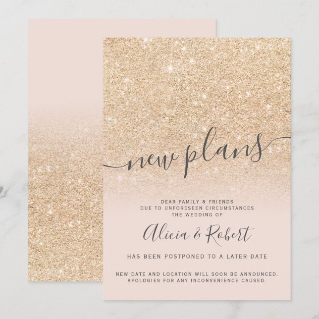Invitation Nouvelles plans reportés pailletés or chic rose (Devant / Derrière)