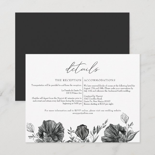 Invitation NOVA Elegant Gothique Black Floral Détails du Mari (Devant / Derrière)