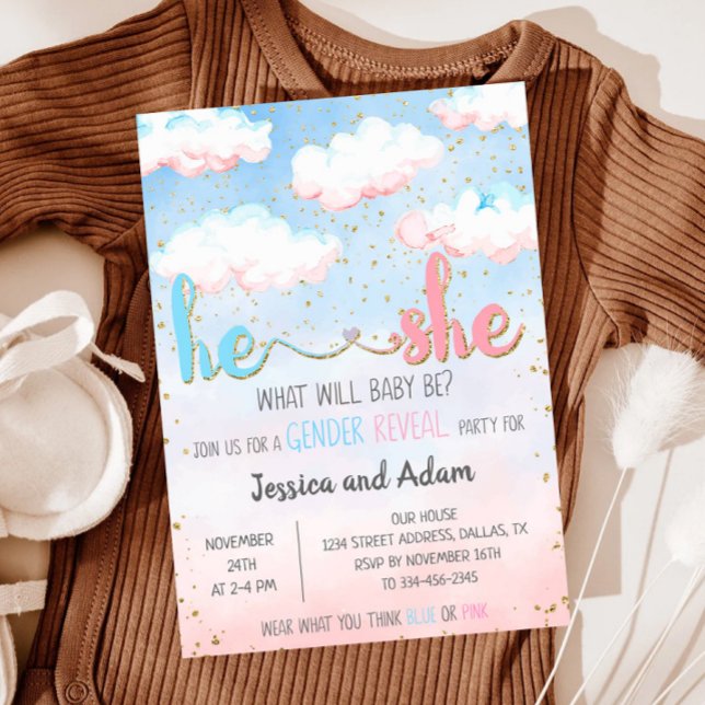 Invitation Nuage d'aquarelle Il ou elle Fête de révélation de (Créateur téléchargé)