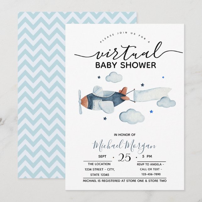 Invitation Nuage d'avion en zigzag Baby Shower Virtuel (Devant / Derrière)