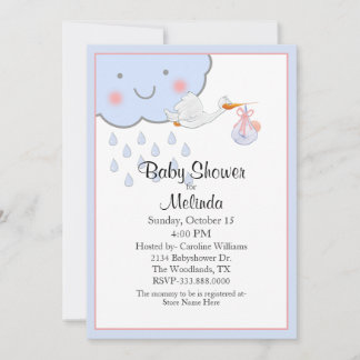 Invitation Nuage de pluie et Baby shower de cigogne