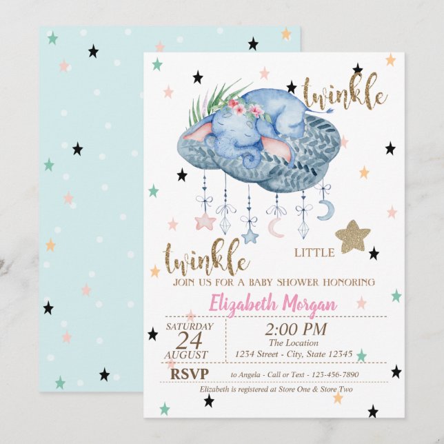 Invitation Nuage d'éléphant, Baby shower Twinkle Little Star (Devant / Derrière)