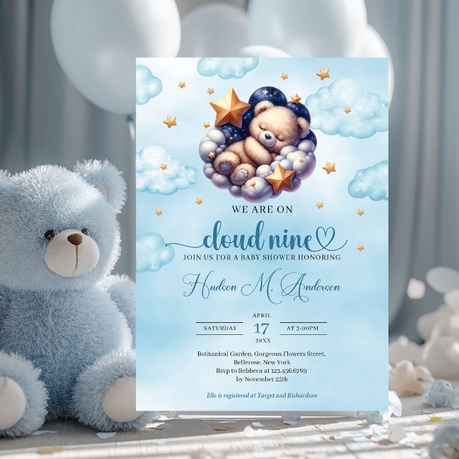 Invitation Nuage d'ours en peluche populaire neuf Baby shower (we are on cloud nine sleeping teddy bear boy baby shower invitation)