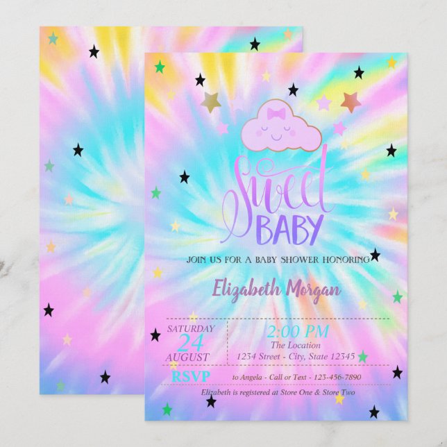 Invitation Nuage mignon, Étoiles, Doux Baby shower de teintur (Devant / Derrière)