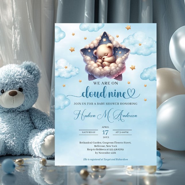 Invitation Nuage neuf ours en peluche Baby shower garçon (we are on cloud nine sleeping teddy bear boy baby shower invitation)