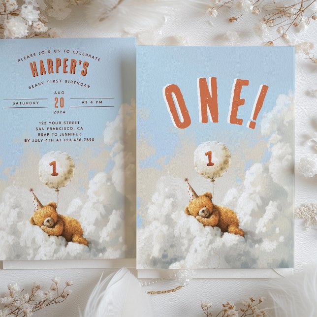 Invitation Nuage Neuf Ours Thème Première fête d'anniversaire (Créateur téléchargé)