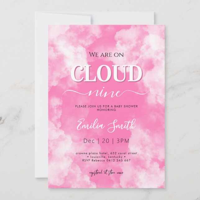 Invitation Nuage rose neuf baby shower fille (Devant)