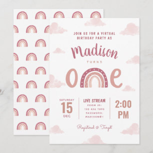 Invitation Nuages arc-en-ciel rose moderne Premier anniversai